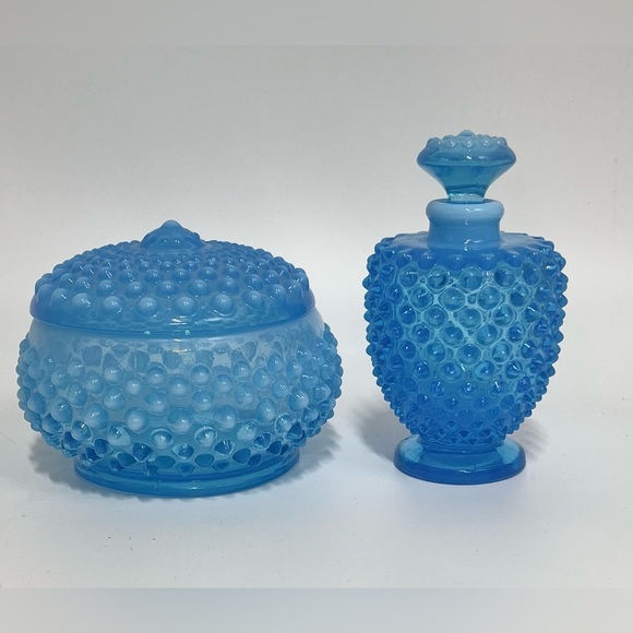 Fenton Other - Vtg Fenton Blue Opalescent Glass Hobnail Dresser Set Puff Box & Perfume Bottle